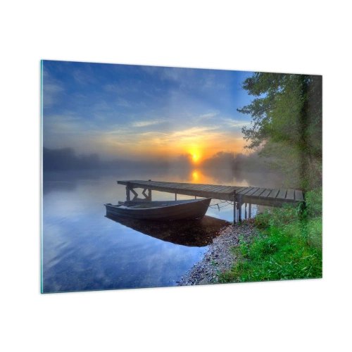 Quadro su vetro - Una barca al molo all'alba sul lago - 100x70cm - Come la normalità diventa magica - Decorazione murale moderna per soggiorno e camera da letto ARTTOR