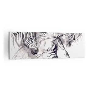 Quadro su tela - Stampe su Tela - Una donna in una danza dinamica con zebre in un'estetica in bianco e nero - 160x50cm - Ballando con le zebre - Decorazione murale moderna per soggiorno e camera da letto ARTTOR