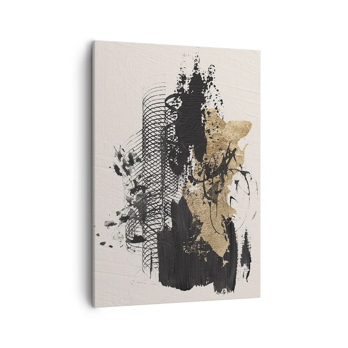 Quadro su tela - Stampe su Tela - Un dipinto astratto in nero e oro con linee e strutture dinamiche. - 50x70cm - Composizione con passione - Decorazione murale moderna per soggiorno e camera da letto ARTTOR