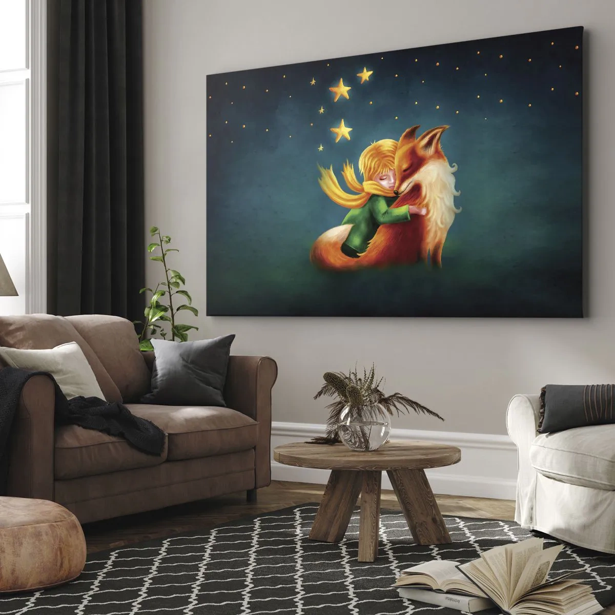 Quadro su tela - Stampe su Tela - Un ragazzo con una volpe in un ambiente magico con le stelle - 100x70cm - Il piccolo principe - Decorazione murale moderna per soggiorno e camera da letto ARTTOR