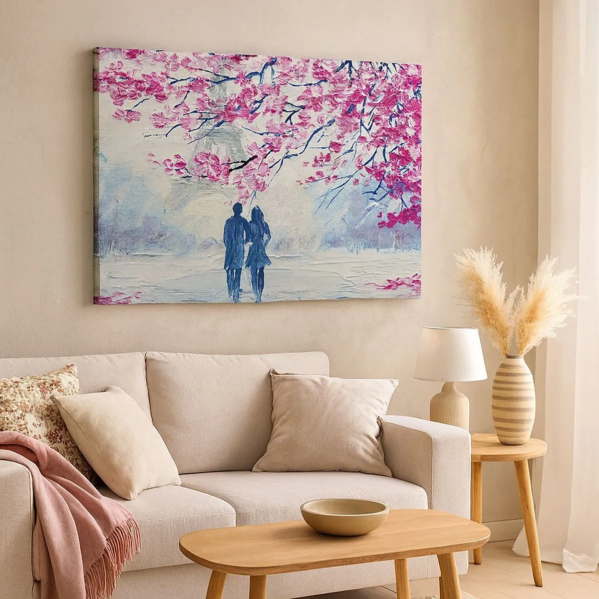 Quadro su tela - Stampe su Tela - Una coppia sotto alberi rosa in fiore in un ambiente romantico - 70x50cm - Passeggiata romantica - Decorazione murale moderna per soggiorno e camera da letto ARTTOR