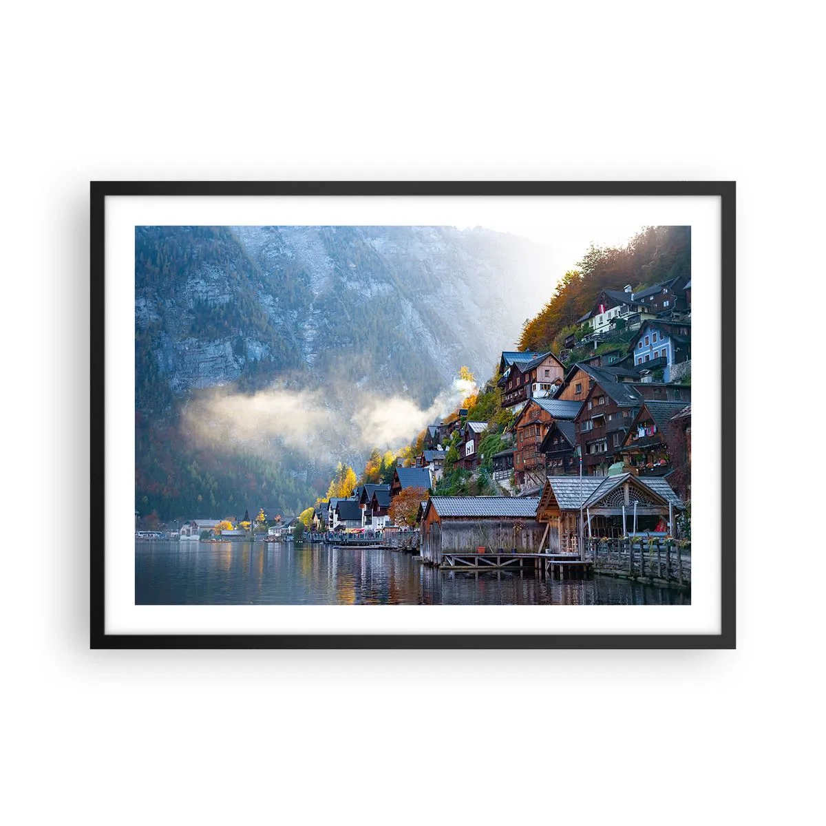 Poster in cornice nera - Un villaggio di montagna vicino a un lago in uno scenario autunnale - 70x50cm - Atmosfera alpina - Decorazione murale moderna per soggiorno e camera da letto ARTTOR