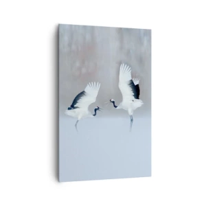 Quadro su tela - Stampe su Tela - Due gru che danzano in un paesaggio nebbioso - 80x120cm - Danza nella nebbia - Decorazione murale moderna per soggiorno e camera da letto ARTTOR