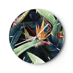 Orologio da parete - Orologio in Vetro - Foglie e fiori esotici su sfondo scuro - 30x30cm - I fiori fiammeggianti dei tropici - Decorazione murale moderna per soggiorno, cucina e camera da letto ARTTOR