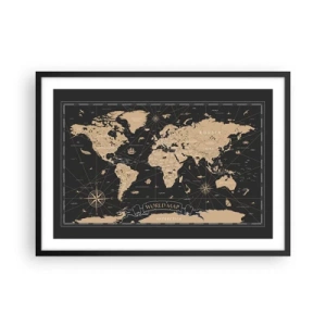 Poster in cornice nera - Una mappa del mondo stilizzata su sfondo nero con dettagli beige. - 70x50cm - I confini del mio mondo - Decorazione murale moderna per soggiorno e camera da letto ARTTOR