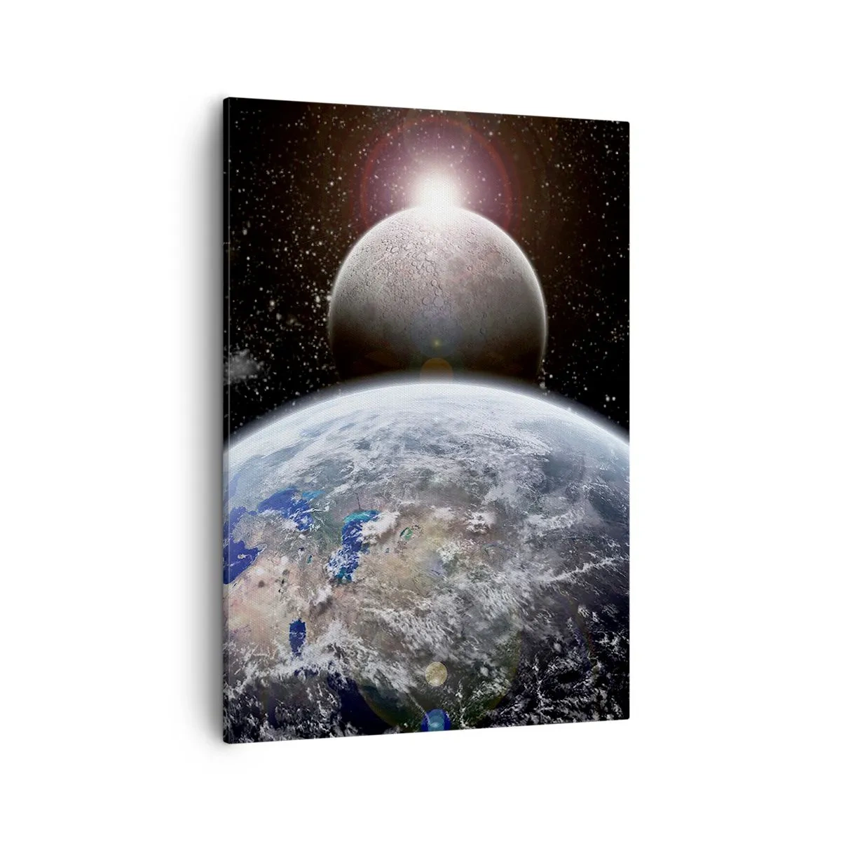Quadro su tela - Stampe su Tela - Il pianeta Terra e la Luna sullo sfondo dello spazio stellato. - 50x70cm - Paesaggio cosmico: sorgere del sole - Decorazione murale moderna per soggiorno e camera da letto ARTTOR