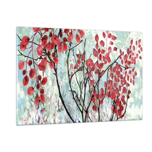 Quadro su vetro - Rami con foglie rosse su uno sfondo dipinto - 120x80cm - Albero in scarlatto - Decorazione murale moderna per soggiorno e camera da letto ARTTOR