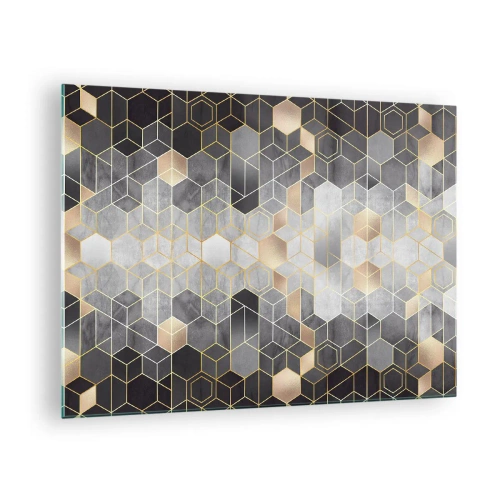 Quadro su vetro - Motivo geometrico di esagoni in linee dorate - 70x50cm - Composizione di diamante - Decorazione murale moderna per soggiorno e camera da letto ARTTOR