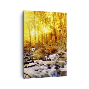 Quadro su tela - Stampe su Tela - Foresta autunnale con ruscello tra foglie dorate - 50x70cm - Pietre incorniciate in oro e platino - Decorazione murale moderna per soggiorno e camera da letto ARTTOR