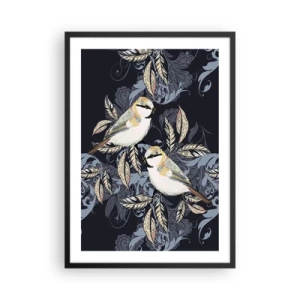 Poster in cornice nera - Due uccelli su uno sfondo di foglie decorative e ornamenti - 50x70cm - Cinguettio oro e blu - Decorazione murale moderna per soggiorno e camera da letto ARTTOR