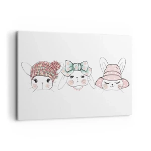 Quadro su tela - Stampe su Tela - Adorabili coniglietti con copricapi color pastello - 100x70cm - Pensierosa, triste, contenta - Decorazione murale moderna per soggiorno e camera da letto ARTTOR