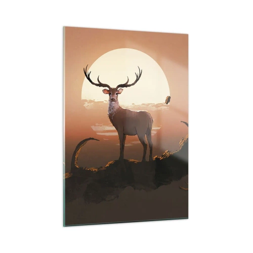 Quadro su vetro - Silhouette di un cervo sullo sfondo di una grande luna circondata da rami - 50x70cm - Questa notte è diversa dalle altre - Decorazione murale moderna per soggiorno e camera da letto ARTTOR