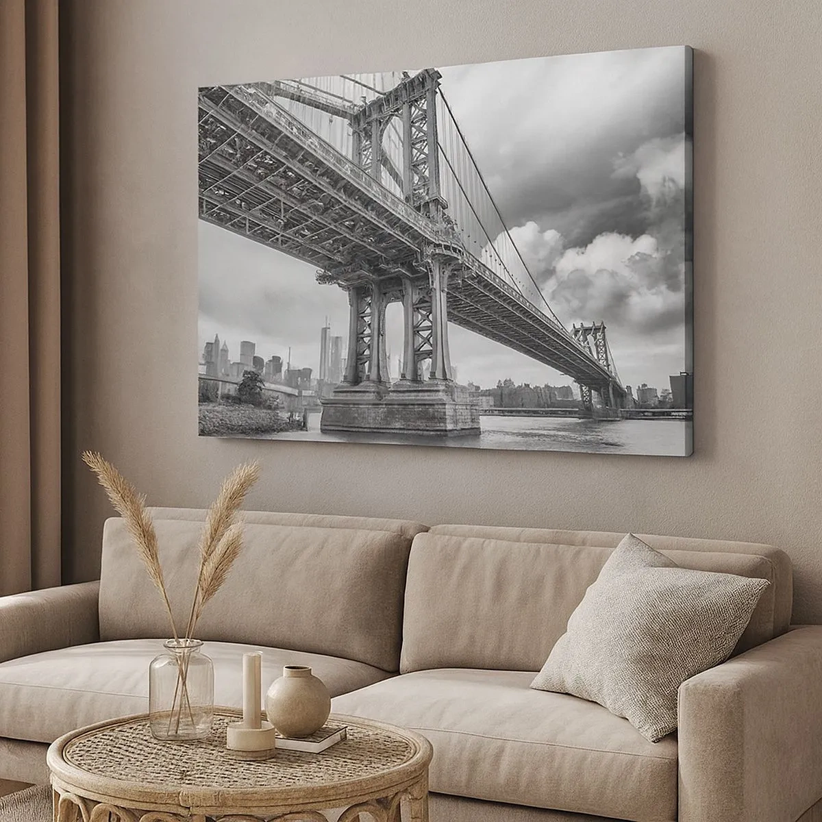 Quadro su tela - Stampe su Tela - Un ponte in bianco e nero con vista sulla città - 70x50cm - Verso il cuore della città - Decorazione murale moderna per soggiorno e camera da letto ARTTOR