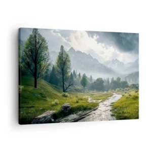 Quadro su tela - Stampe su Tela - Un paesaggio montano con un fiume e alberi circondati da montagne nebbiose - 70x50cm - Andata e ritorno - Decorazione murale moderna per soggiorno e camera da letto ARTTOR
