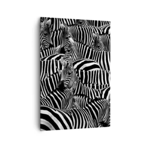 Quadro su tela - Stampe su Tela - Un gruppo di zebre con strisce bianche e nere che creano un motivo di simmetria. - 70x100cm - Ritratto collettivo a strisce - Decorazione murale moderna per soggiorno e camera da letto ARTTOR