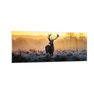 Quadro su vetro - Un cervo in una radura gelida all'alba - 140x50cm - Incoronato nelle sue terre - Decorazione murale moderna per soggiorno e camera da letto ARTTOR