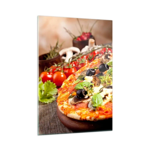 Quadro su vetro - Pizza con olive, funghi ed erbe fresche su un tavolo di legno - 50x70cm - Con ingredienti tellurici - Decorazione murale moderna per soggiorno e camera da letto ARTTOR
