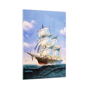Quadro su vetro - Una nave a vela in mare aperto sotto un cielo azzurro - 70x100cm - Con orgoglio nel vento - Decorazione murale moderna per soggiorno e camera da letto ARTTOR