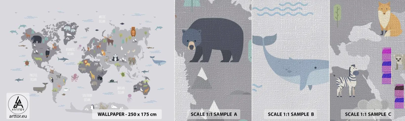 Campione di Fotomurale Premium Canvas - Dimmi di dove sei... - Mappa del mondo, Animali, Continenti - 100x30 cm