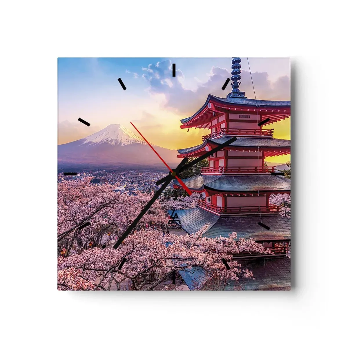 Orologio da parete - Orologio in Vetro - Una pagoda in Giappone con fiori di ciliegio e il Monte Fuji - 30x30cm - L'essenza dell'anima giapponese - Decorazione murale moderna per soggiorno e camera da letto ARTTOR