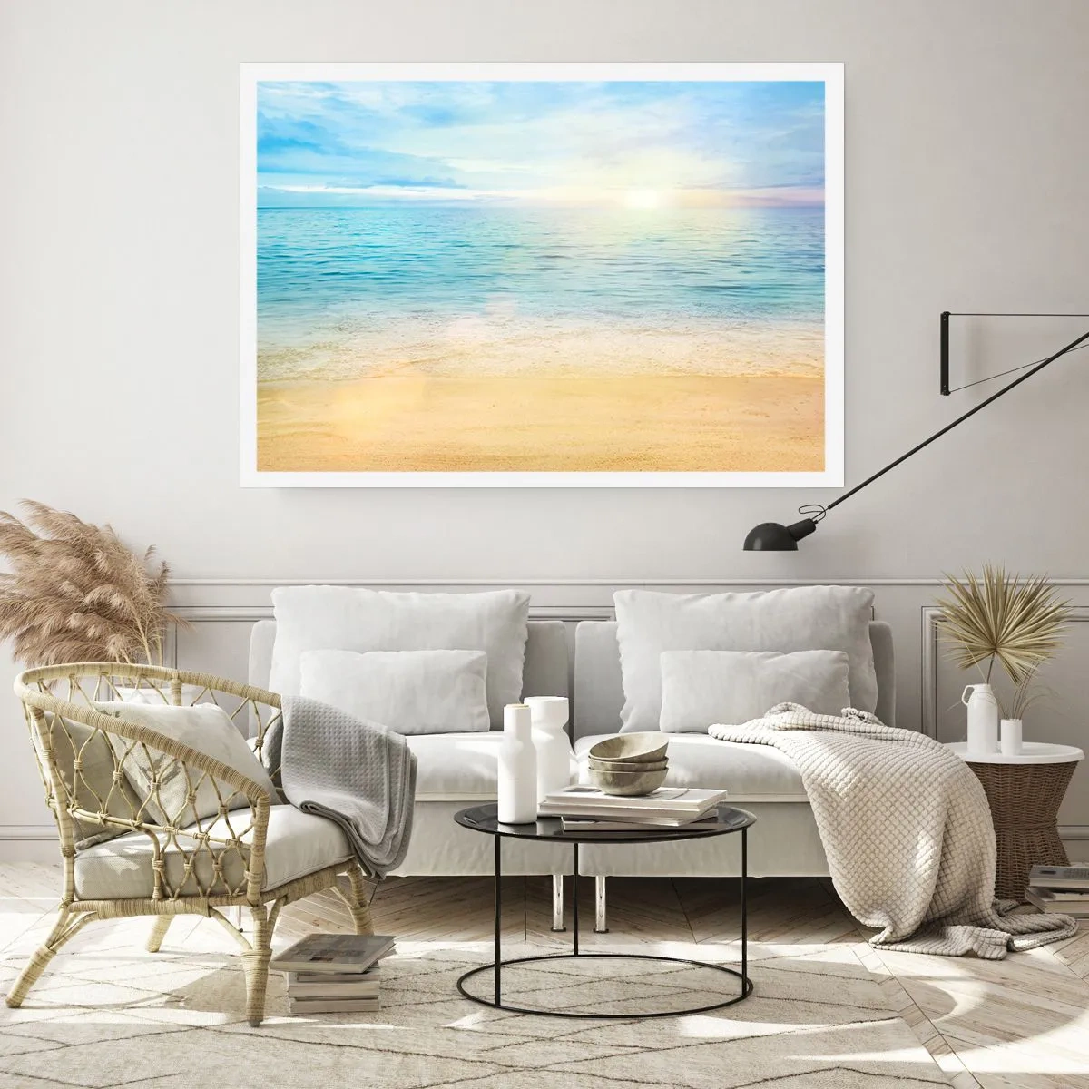 Poster - Una spiaggia con mare turchese e cielo limpido - 100x70cm - Il grande blu - Decorazione murale moderna per soggiorno e camera da letto ARTTOR