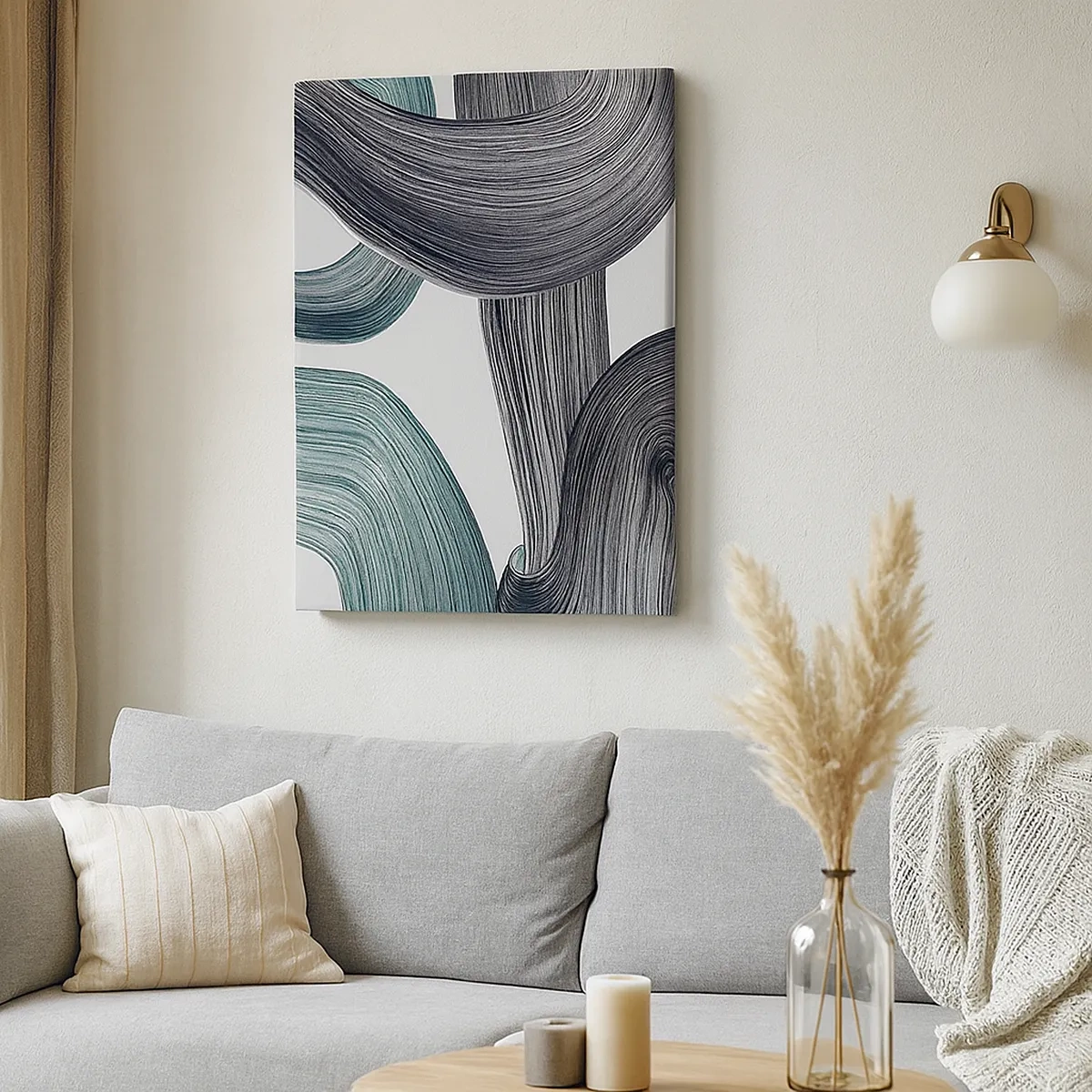 Quadro su tela - Stampe su Tela - Linee astratte fluide nelle tonalità del verde e del grigio - 50x70cm - Tracce smeraldo e nero - Decorazione murale moderna per soggiorno e camera da letto ARTTOR