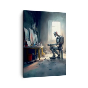 Quadro su tela - Stampe su Tela - Un robot che dipinge un quadro in uno studio d'arte - 50x70cm - Atto creativo - Decorazione murale moderna per soggiorno e camera da letto ARTTOR