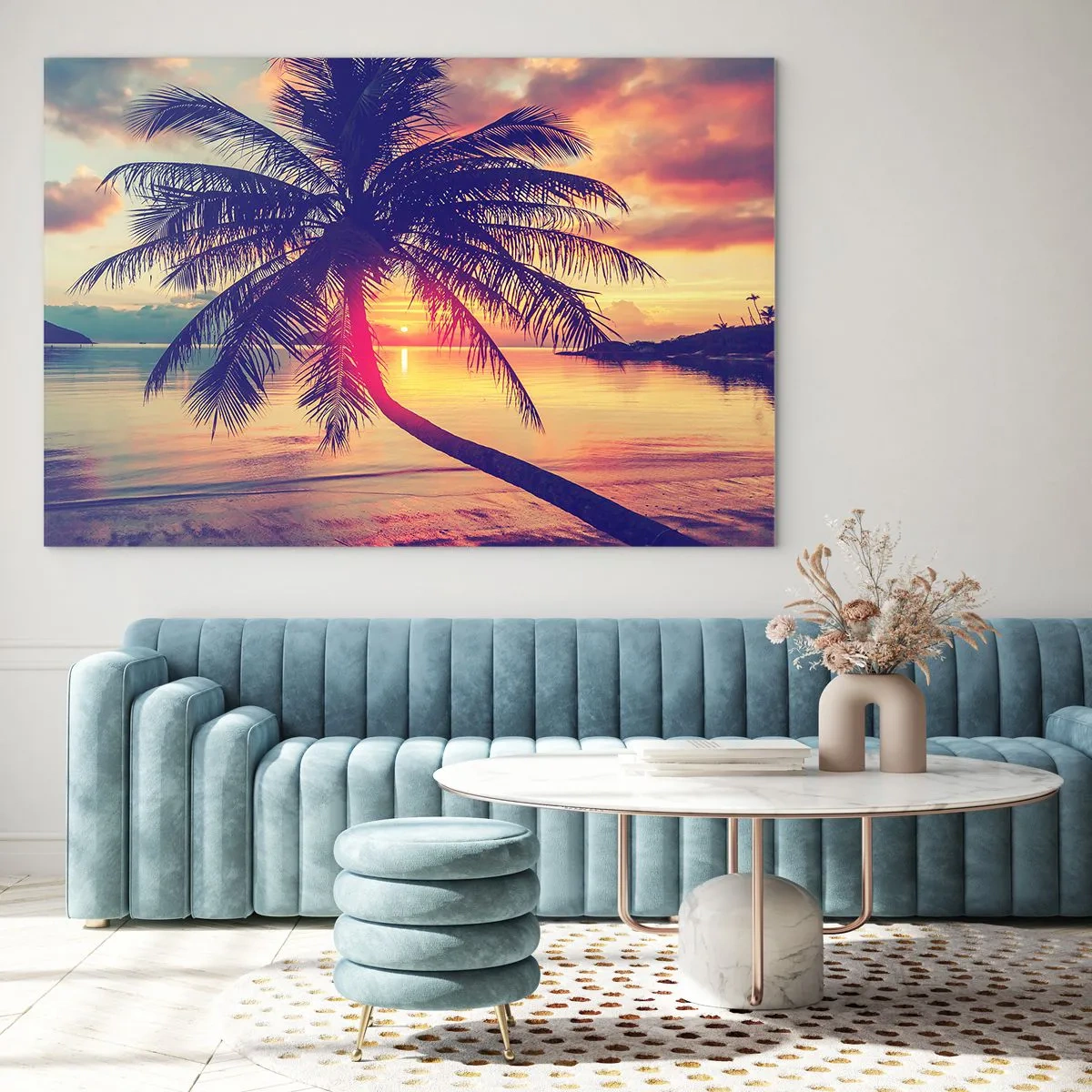 Quadro su vetro - Palma al tramonto su un mare calmo - 100x70cm - Sera sotto le palme - Decorazione murale moderna per soggiorno e camera da letto ARTTOR