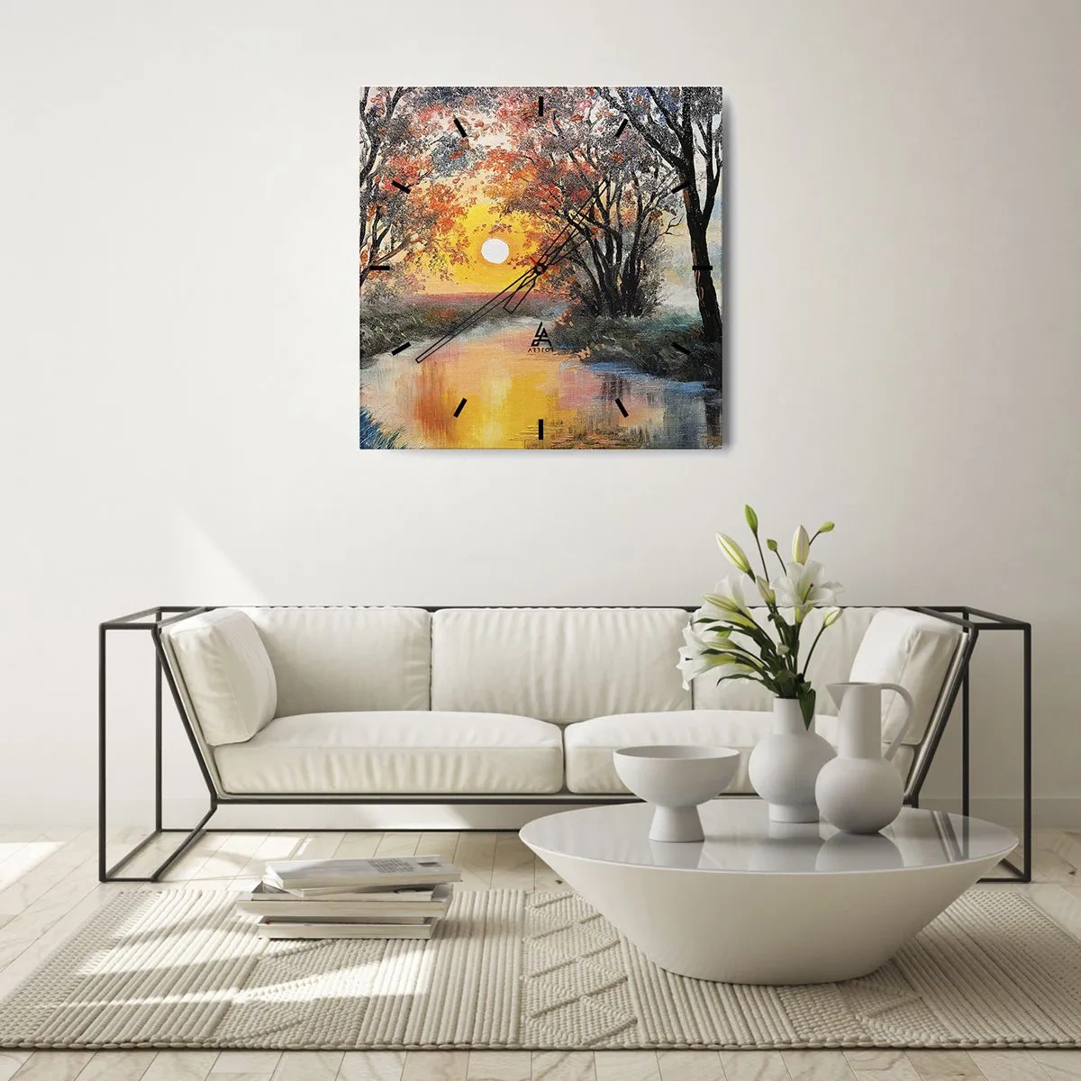 Orologio da parete - Orologio in Vetro - Tramonto sul fiume in un paesaggio autunnale - 30x30cm - Atmosfera autunnale - Decorazione murale moderna per soggiorno e camera da letto ARTTOR