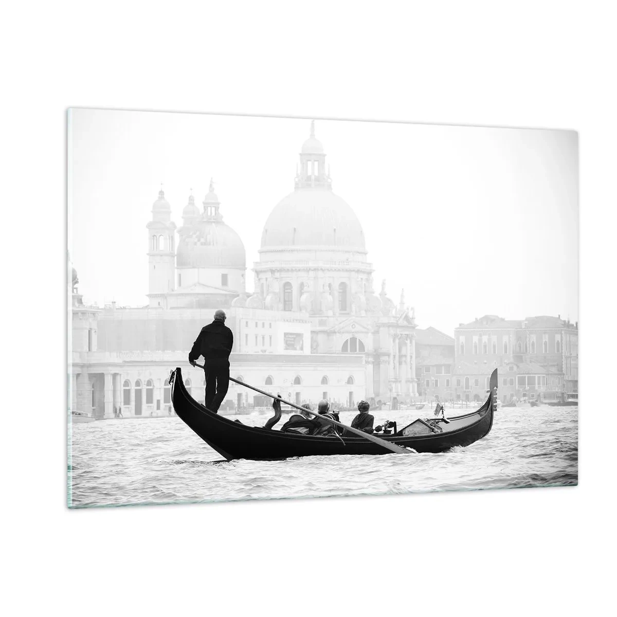 Quadro su vetro - Una gondola bianca e nera sullo sfondo di Venezia - 120x80cm - Viaggio alla fonte della bellezza - Decorazione murale moderna per soggiorno e camera da letto ARTTOR
