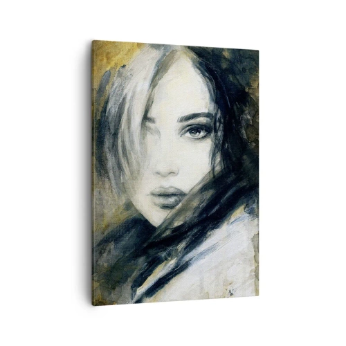 Quadro su tela - Stampe su Tela - Ritratto di una donna su uno sfondo di macchie astratte nei toni del beige - 50x70cm - Più innocente o sensuale? - Decorazione murale moderna per soggiorno e camera da letto ARTTOR