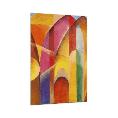 Quadro su vetro - Una composizione astratta ricca di forme geometriche colorate. - 70x100cm - La cattedrale del sole - Decorazione murale moderna per soggiorno e camera da letto ARTTOR
