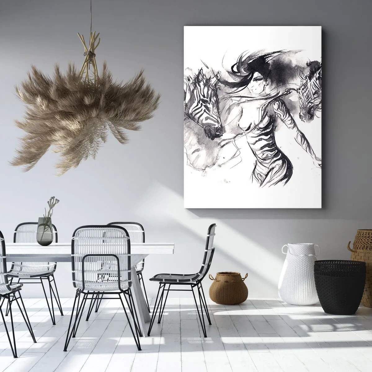 Quadro su tela - Stampe su Tela - Una donna in una danza dinamica con zebre in un'estetica in bianco e nero - 50x70cm - Ballando con le zebre - Decorazione murale moderna per soggiorno e camera da letto ARTTOR