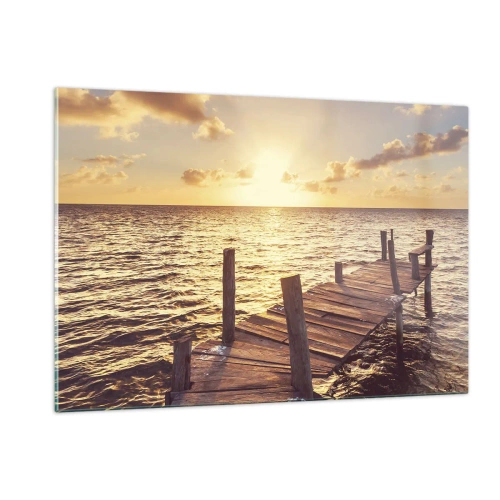 Quadro su vetro - Un molo di legno sullo sfondo del sole al tramonto - 120x80cm - Il paese dorato della mitezza - Decorazione murale moderna per soggiorno e camera da letto ARTTOR