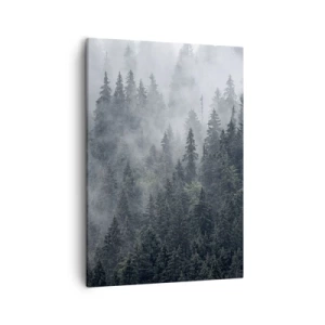 Quadro su tela - Stampe su Tela - Foresta di conifere nebbiosa nei toni del grigio e del verde - 50x70cm - Alba nel bosco - Decorazione murale moderna per soggiorno e camera da letto ARTTOR