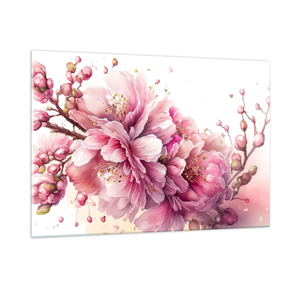 Quadro su vetro - Fiori di ciliegio rosa in piena fioritura su uno sfondo chiaro - 120x80cm - Fiore di ciliegio - Decorazione murale moderna per soggiorno e camera da letto ARTTOR