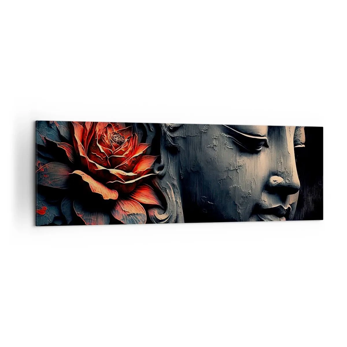 Quadro su tela - Stampe su Tela - Scultura del Buddha con un fiore di loto rosso - 160x50cm - In armonia con il mondo - Decorazione murale moderna per soggiorno e camera da letto ARTTOR