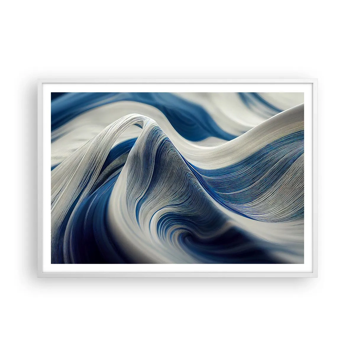 Poster in cornice bianca - Fluidità di blu e di bianco - 100x70 cm