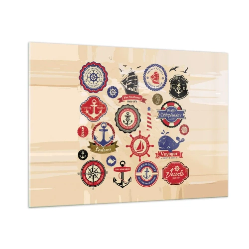 Quadro su vetro - Emblemi e simboli nautici su sfondo beige - 100x70cm - Fratellanza di vela - Decorazione murale moderna per soggiorno e camera da letto ARTTOR