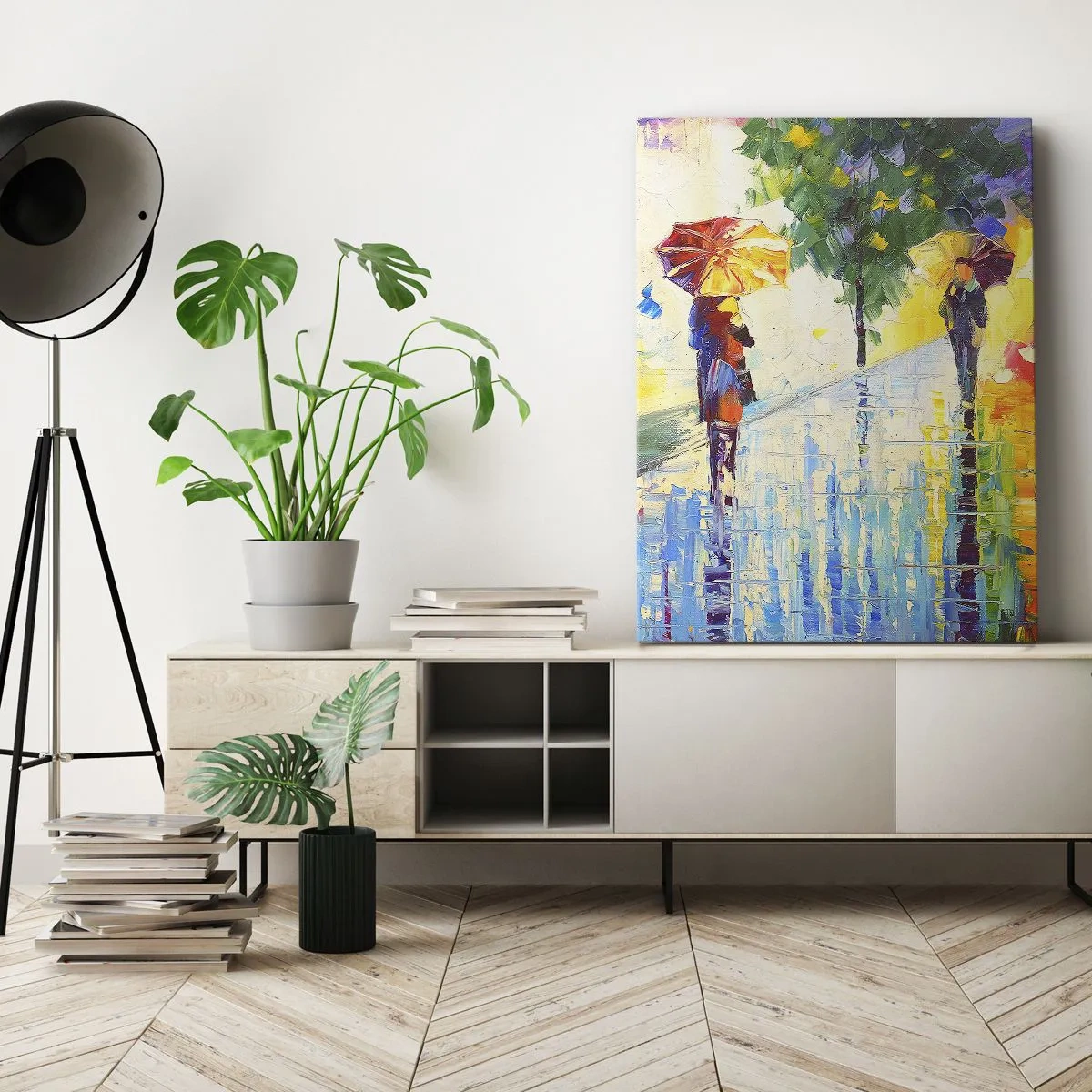 Quadro su tela - Stampe su Tela - Una passeggiata con l'ombrello in un colorato paesaggio piovoso - 50x70cm - E tutto è chiaro - Decorazione murale moderna per soggiorno e camera da letto ARTTOR