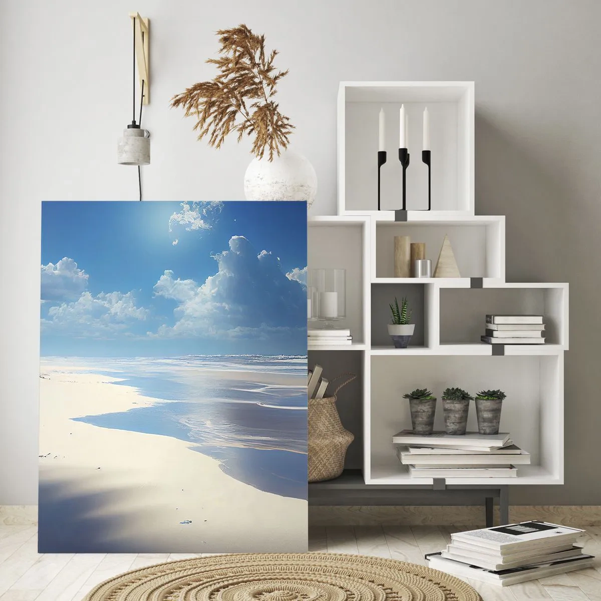 Quadro su vetro - Una spiaggia sabbiosa con onde sotto un cielo azzurro - 70x100cm - Vacanze in paradiso - Decorazione murale moderna per soggiorno e camera da letto ARTTOR