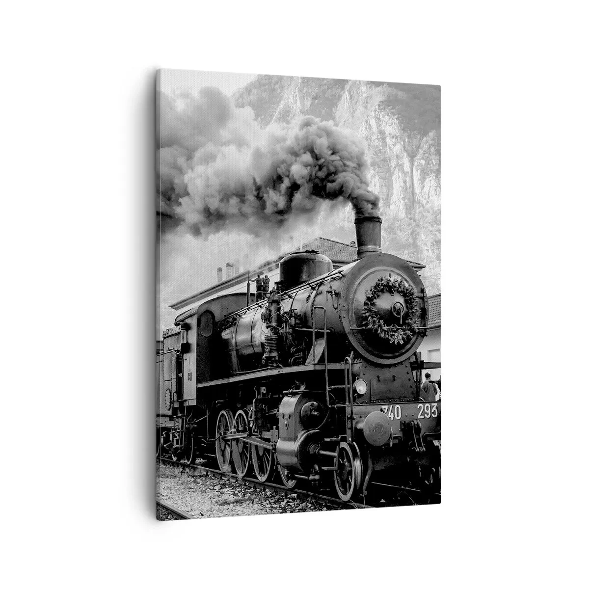 Quadro su tela - Stampe su Tela - Una locomotiva a vapore bianca e nera sullo sfondo di un paesaggio montano - 50x70cm - Ferma alla stazione... - Decorazione murale moderna per soggiorno e camera da letto ARTTOR