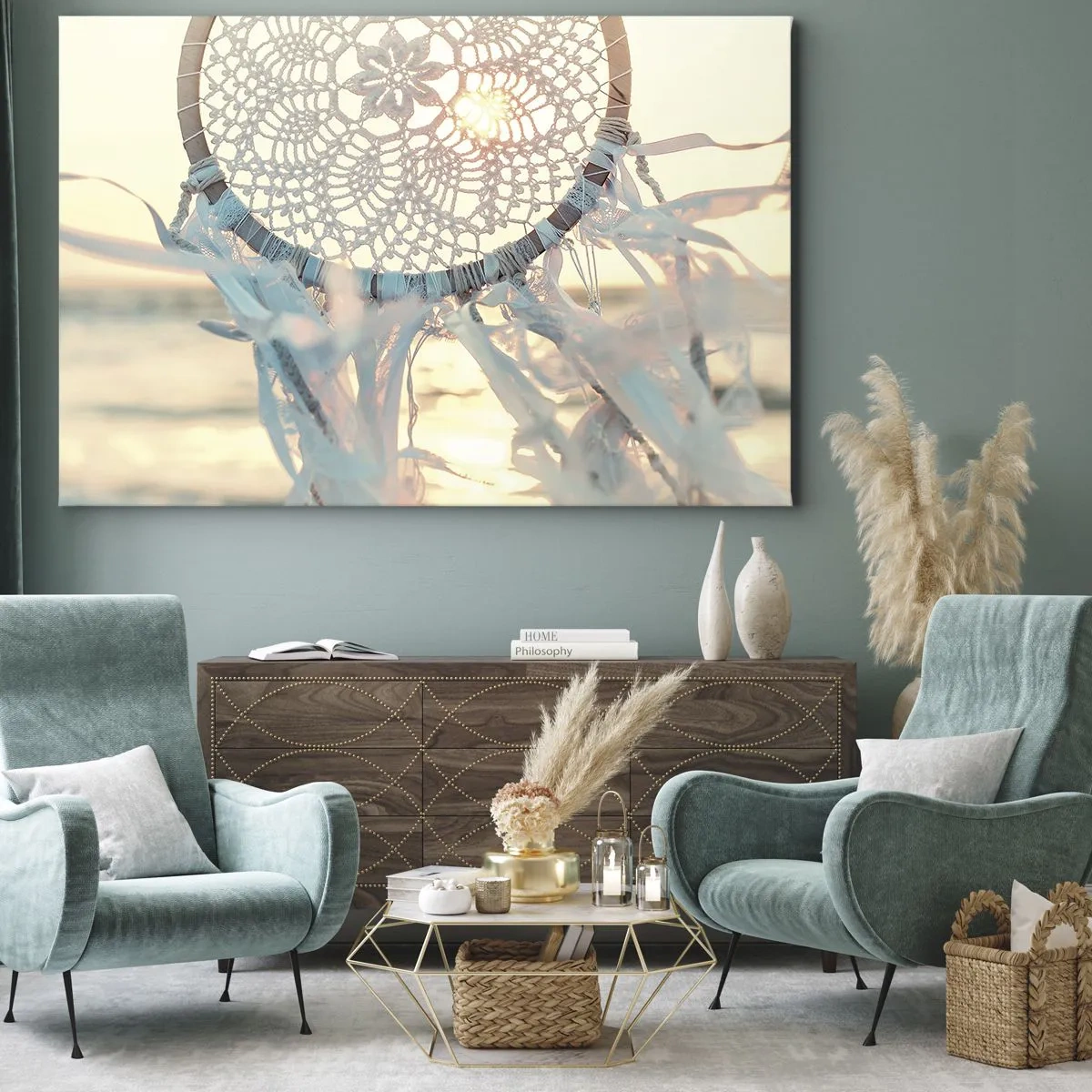Quadro su tela - Stampe su Tela - Un delicato acchiappasogni sullo sfondo del sole al tramonto - 70x50cm - Totem di pizzo - Decorazione murale moderna per soggiorno e camera da letto ARTTOR