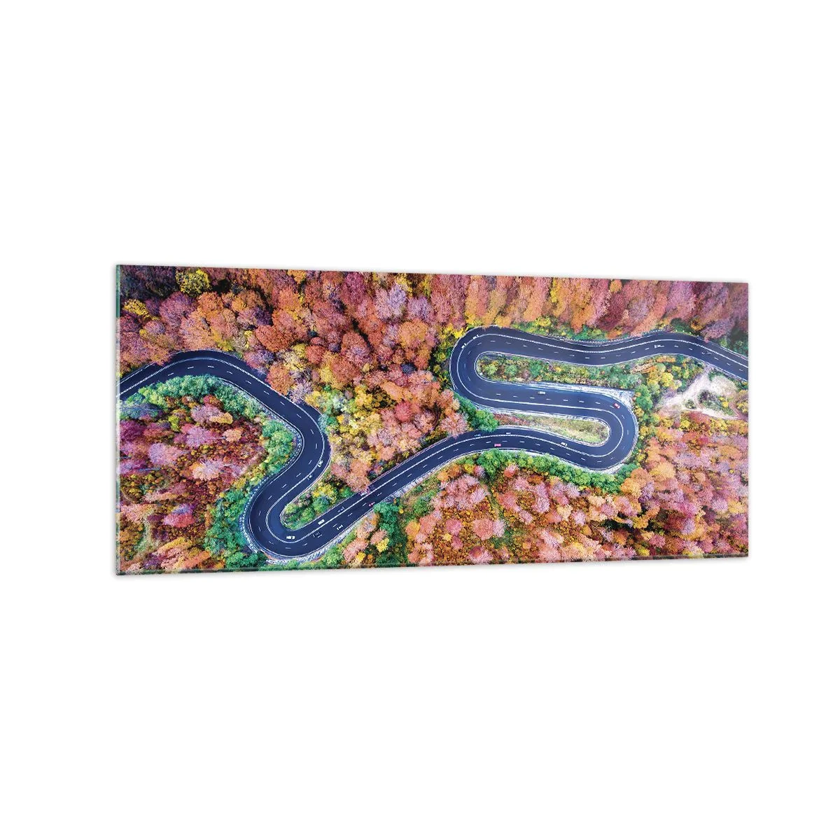 Quadro su vetro - Una strada tortuosa in una foresta autunnale vista a volo d'uccello - 120x50cm - Via tortuosa attraverso il bosco - Decorazione murale moderna per soggiorno e camera da letto ARTTOR