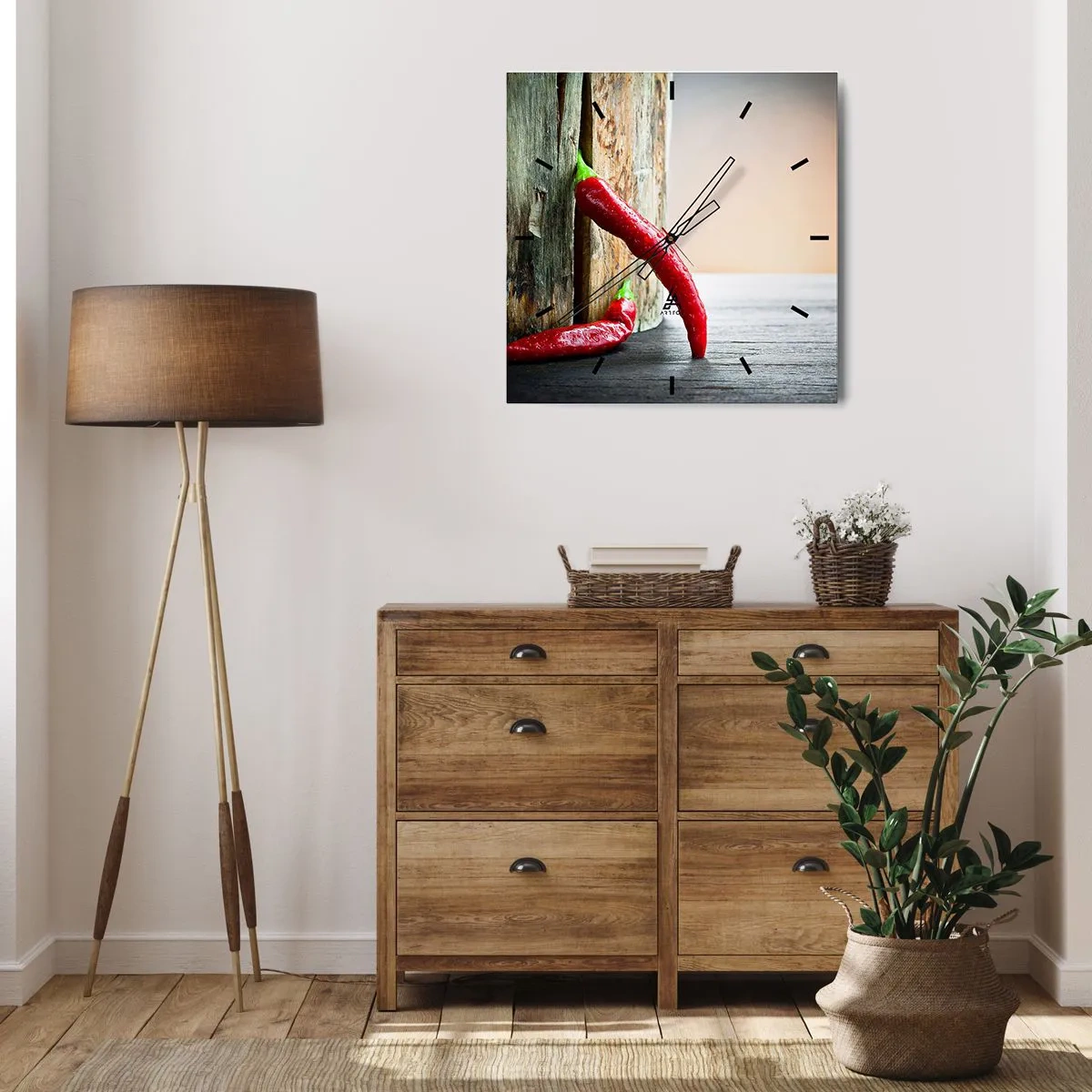 Orologio da parete - Orologio in Vetro - Due peperoncini rossi su uno sfondo di legno con un accento rustico - 30x30cm - Red hot chili peppers - Decorazione murale moderna per soggiorno e camera da letto ARTTOR
