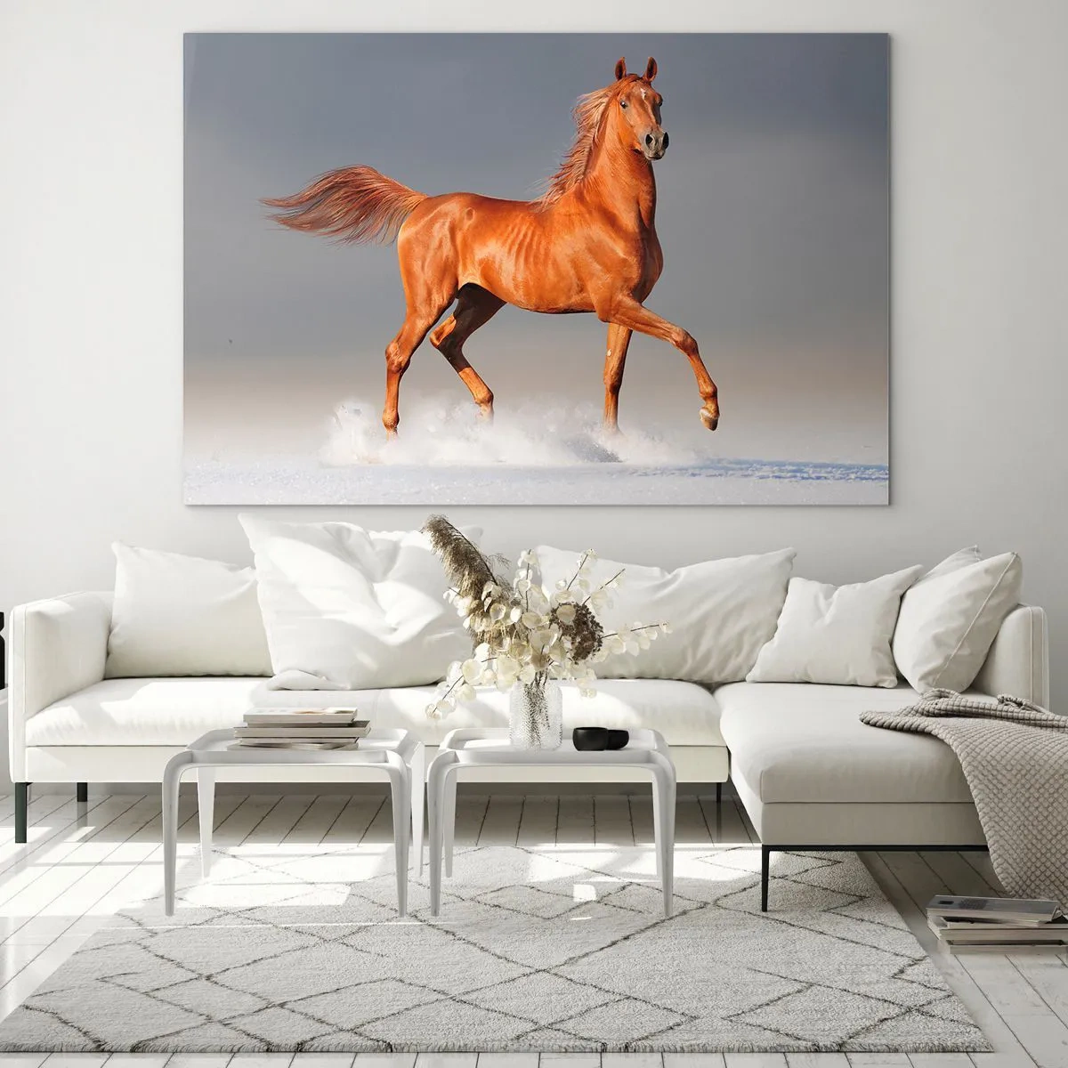 Quadro su vetro - Un cavallo al galoppo contro un cielo luminoso - 120x80cm - Grazia danzante - Decorazione murale moderna per soggiorno e camera da letto ARTTOR