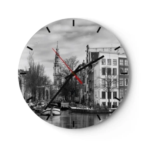 Orologio da parete - Orologio in Vetro - Vista in bianco e nero del canale e dell'architettura della città - 30x30cm - Atmosfera di Amsterdam - Decorazione murale moderna per soggiorno, cucina e camera da letto ARTTOR
