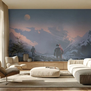 Fotomurali Premium Sand - Gli astronauti esplorano un pianeta alieno con un relitto. - 100x70cm - Sotto una stella sconosciuta - Decorazione murale moderna per soggiorno e camera da letto ARTTOR