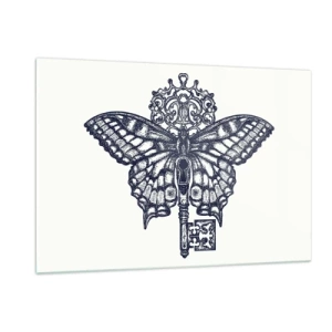 Quadro su vetro - Illustrazione di una farfalla con una chiave al centro - 120x80cm - Tutti i segreti del cuore - Decorazione murale moderna per soggiorno e camera da letto ARTTOR
