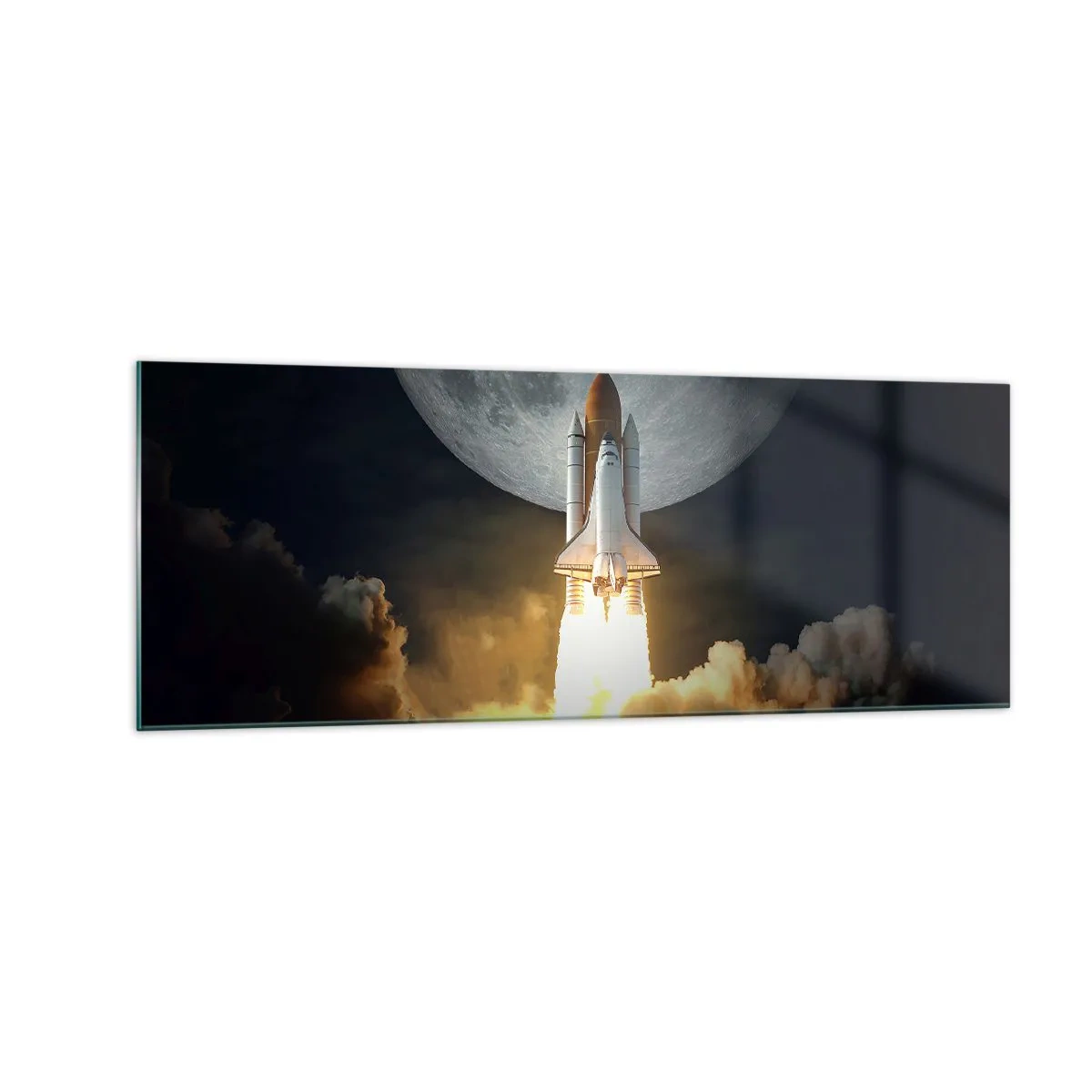 Quadro su vetro - Un razzo che decolla sullo sfondo della luna piena circondata da nuvole dinamiche. - 140x50cm - L'inizio di un'avventura spaziale - Decorazione murale moderna per soggiorno e camera da letto ARTTOR